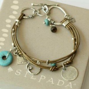 Silpada Sterling Silver Howlite Smoky Quartz Brown Leather 7" Bracelet B2086